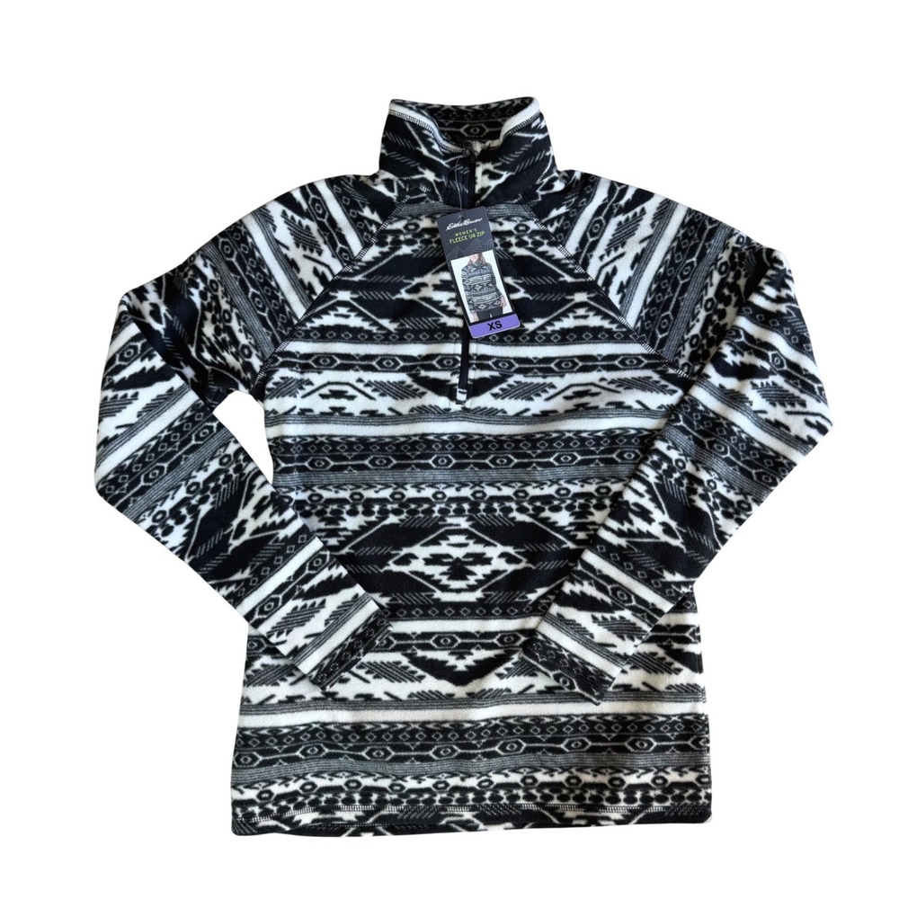 NWT Eddie Bauer Womens XS Fleece 1/4 Zip Pullover Black White Geometric Tribal
